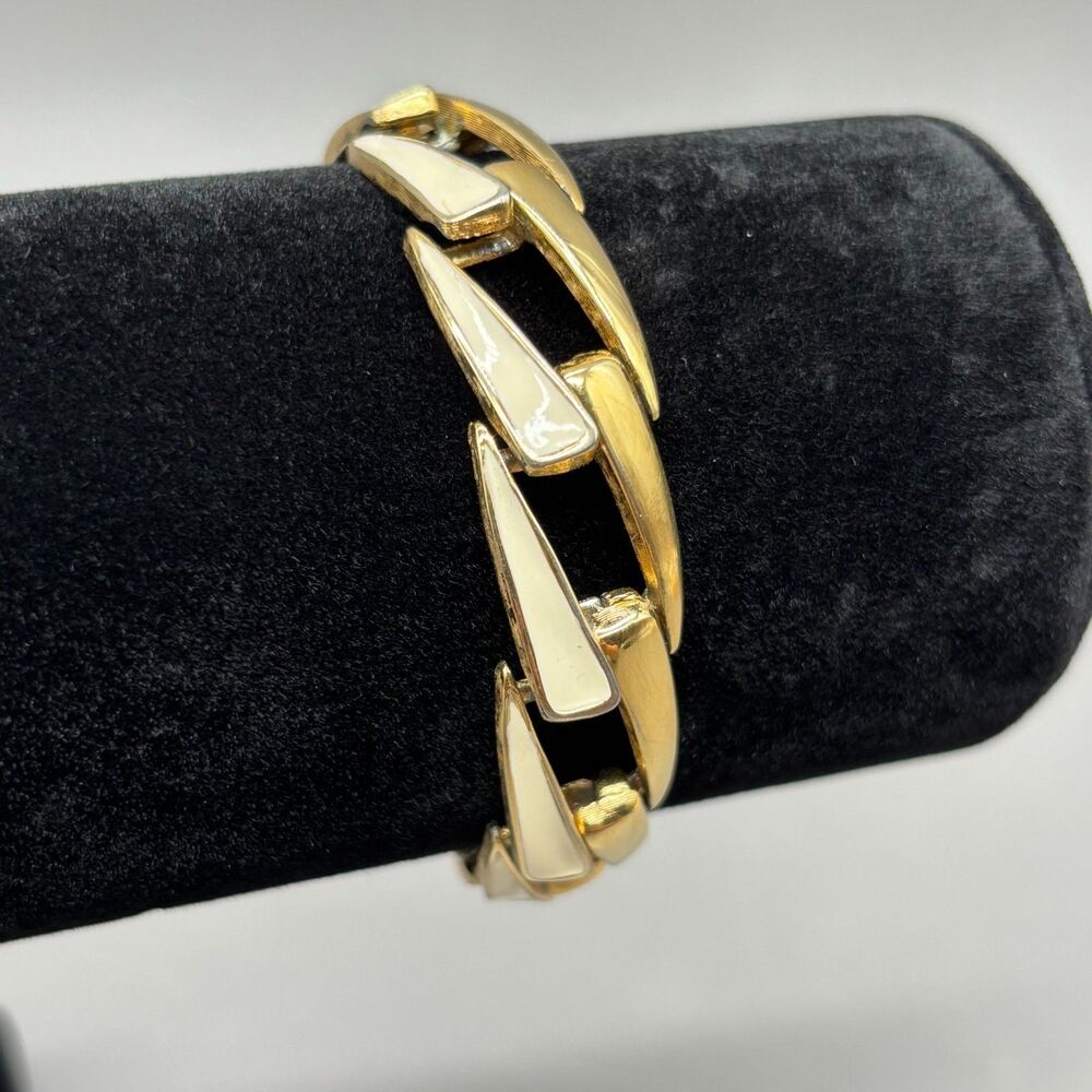 Monet Gold Tone Cream Enamel Link Bracelet Modernist Geometric 7" Vintage MCM